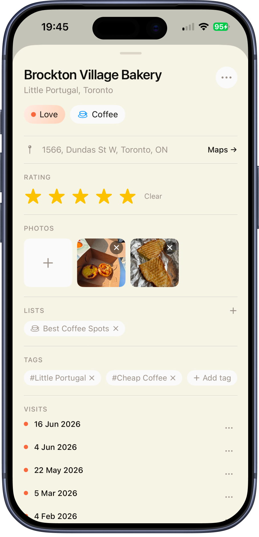 Spots. spot detail view showing rating, photos, lists, tags, and visit history