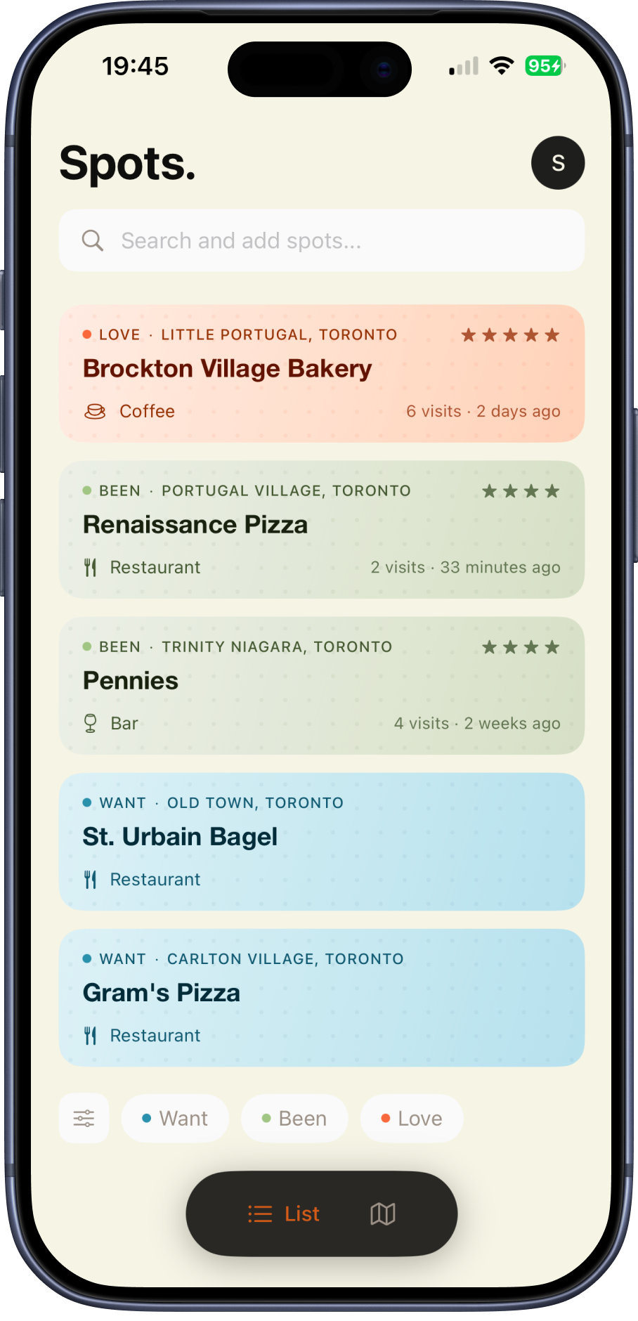 Spots. list view showing saved restaurants and cafés with status and ratings