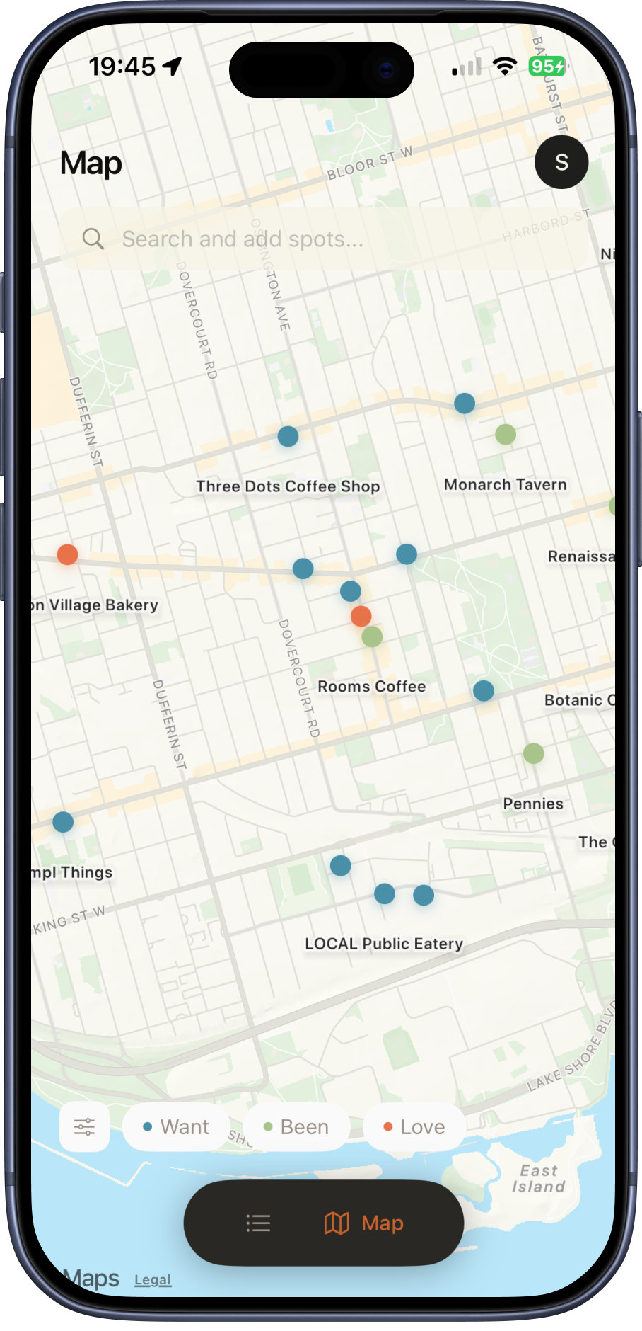 Spots. map view showing saved places pinned across the city