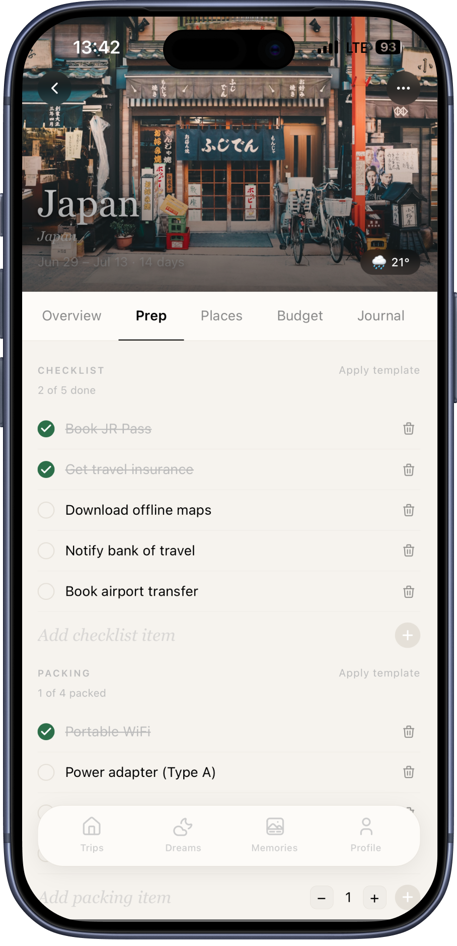 Trip prep checklist — Trip.